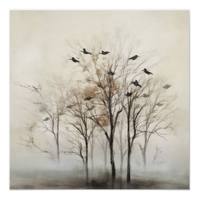 Póster Árvores e Pássaros Arte Abstrata em Tela na Parede (Frente)