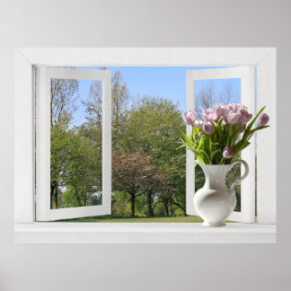 Póster Árvores na Primavera - Vista de Janela Aberta com