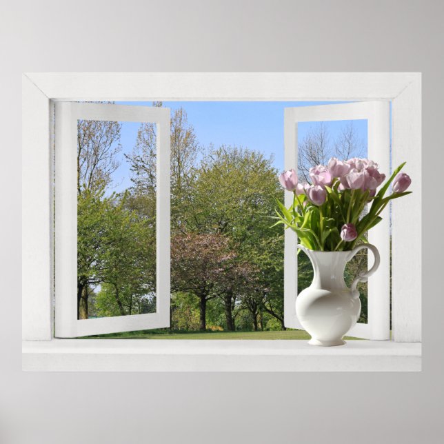 Póster Árvores na Primavera - Vista de Janela Aberta com  (Frente)