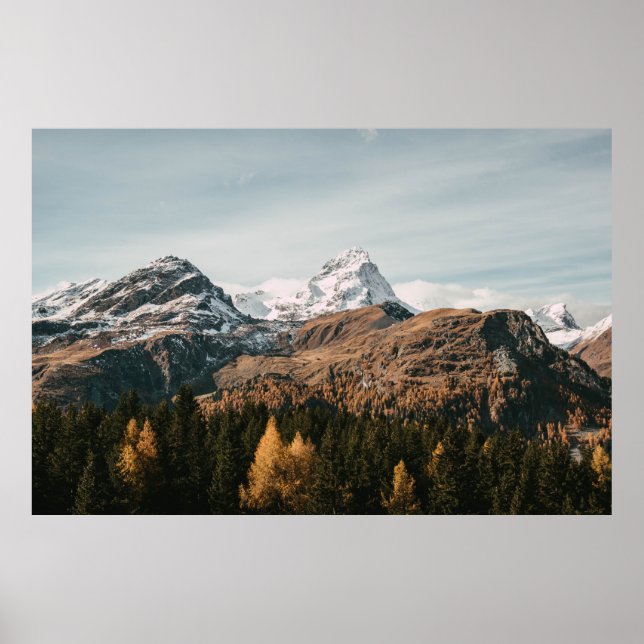 POSTER ÁRVORES VERDES PERTO DA MONTANHA COBERTA PELA NEVE (Frente)