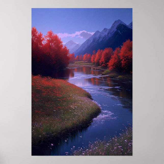 Poster Árvores Vermelhas e Flores pelo rio (Frente)