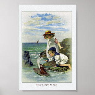 Póster As crianças do vintage pôr a boneca ao mar
