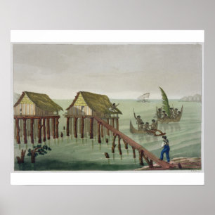 Póster As habitações do tribo de Papu, Rawak, chapeiam 