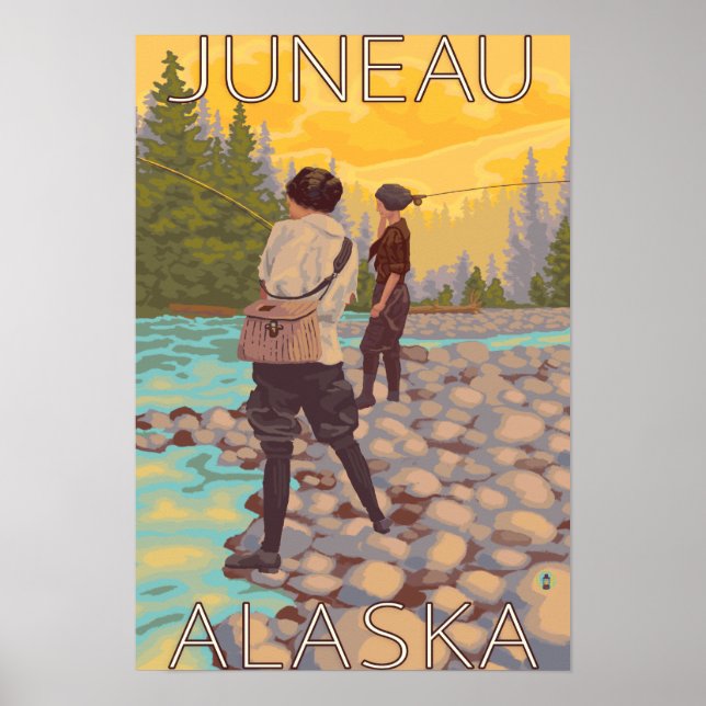 Póster As mulheres voam para pescar - Juneau, Alasca (Frente)