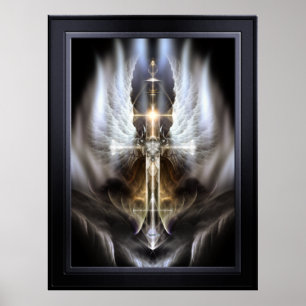 Poster Asa de Anjo Celestial Cruz Arte Fractal Preta
