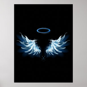 Poster Asas Anjos Azuis Brilhantes em fundo preto