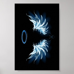 Poster Asas de Anjo Azuis Brilhantes em fundo preto