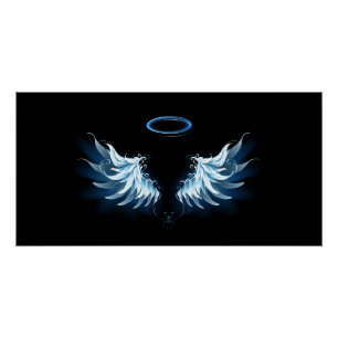 Póster Asas de anjo azuis brilhantes em fundo preto