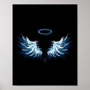 Poster Asas de anjo azuis brilhantes em fundo preto