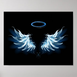 Poster Asas de anjo azuis brilhantes em fundo preto