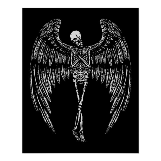 Póster Asas de Anjo Esquelético em Preto e Branco (Frente)
