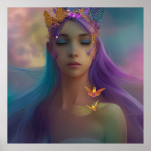 Poster Asas de borboleta fantasia Menina roxa rosa azul-t