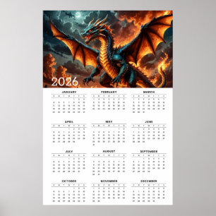 Poster Asas de Chamas: Calendário do Dragão Mitológico de