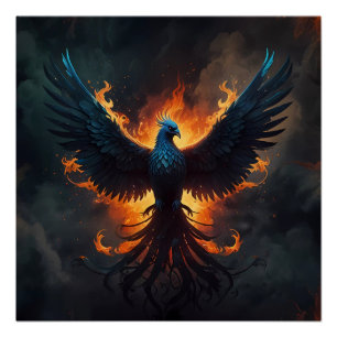 Póster Ascensão de pássaros Phoenix com chamas