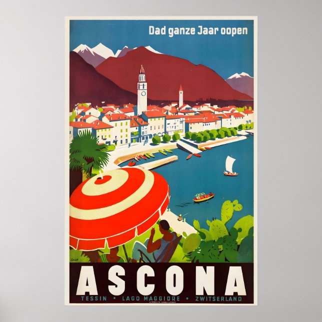 Poster Ascona Lago Maggiore Suíça Viagem Antiga (Frente)
