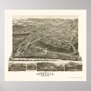 Póster Asheville, mapa panorâmico do NC - 1891