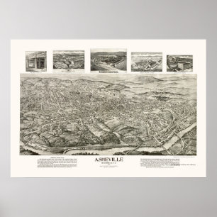 Poster Asheville, mapa panorâmico do NC - 1912