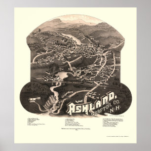 Póster Ashland, mapa panorâmico do NH - 1886