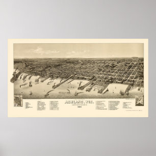 Poster Ashland, Mapa Panorâmico do WI - 1886