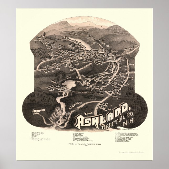 Póster Ashland, Mapa Panorâmico NH - 1886 (Frente)