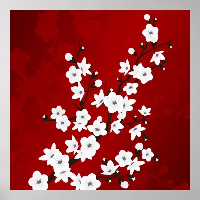 Poster Asia Floral White Chersom Red (Frente)