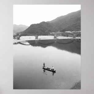 Póster Ásia, Japão, Iwakuni. Pescadores e ponte histórica