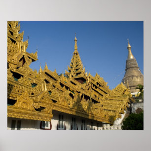 Póster Ásia, Myanmar, Yangon. Stupa dourada de Shwedagon 