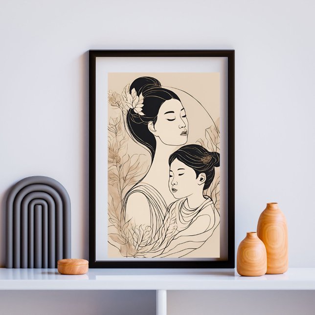 Poster Asian Mother & Daughter – Minimalist Boho Line Art (Criador carregado)