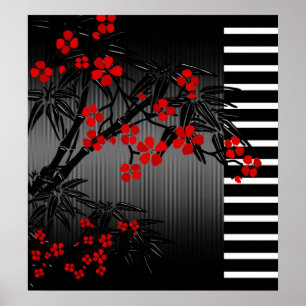 Poster asiático Vermelho Negro Branco Bamboo Flora