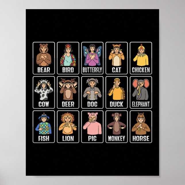 Poster Asl Gestos Mão Animais Surdos Aumentam Perda de Au (Frente)