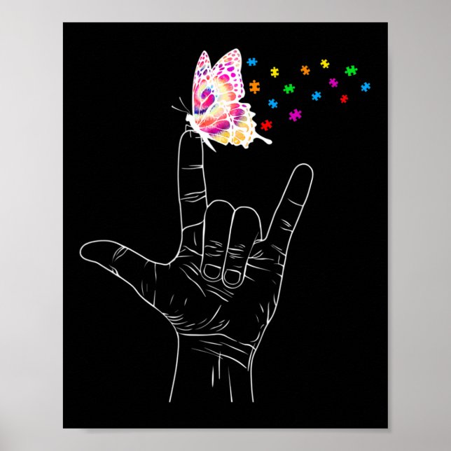 Poster Asl I Love You Hand Sign Language Butterfly Autism (Frente)