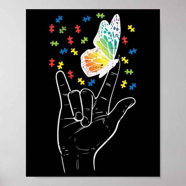 Poster Asl Love Sinal Butterfly Quebra-cabeça Autism Awar (Frente)