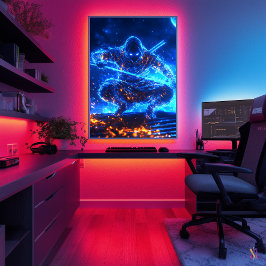 Poster Assassino Sombra Neon – Ninja Cyberpunk em Azul