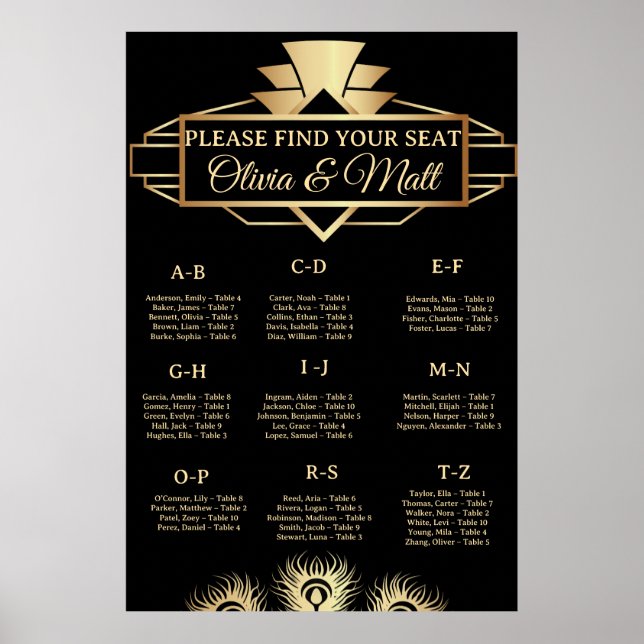 Poster Assento Alfabetico Casamento Art Deco (Frente)