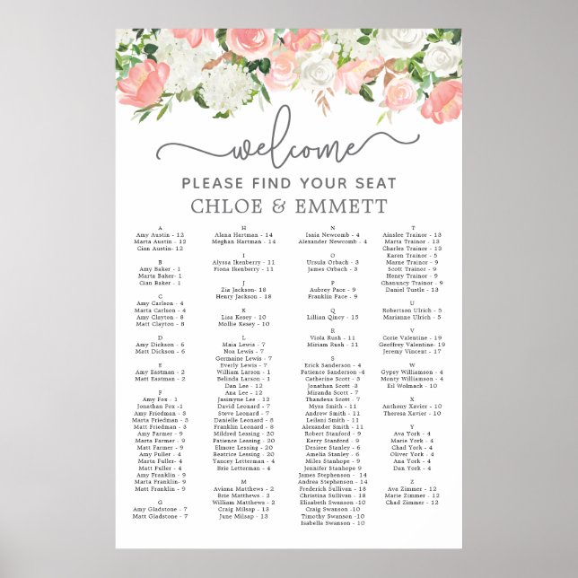 Poster Assento De Casamento Alfabético Floral Branco Rosa (Frente)