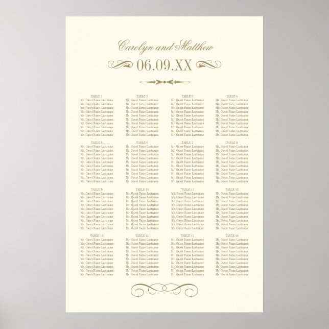 Póster Assento de Casamento com Floral Antigo em Marfim A (Frente)