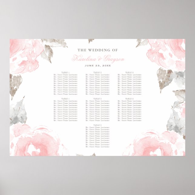 Póster Assento de Casamento de Rosa em Aquarela Rosa e Ci (Frente)