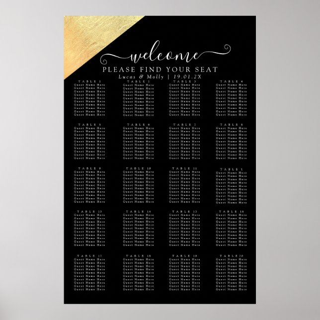 Poster Assento de Casamento Elegante Moderno Preto e Dour (Frente)