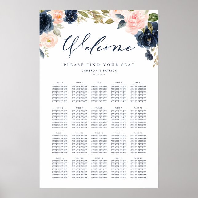 Poster Assento de Casamento Floral Azul-Rosa-Blush e Mari (Frente)