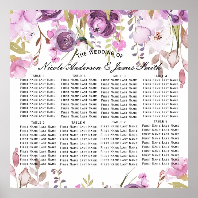 Poster Assento De Casamento Floral Lilac, Lavanda Roxa (Frente)