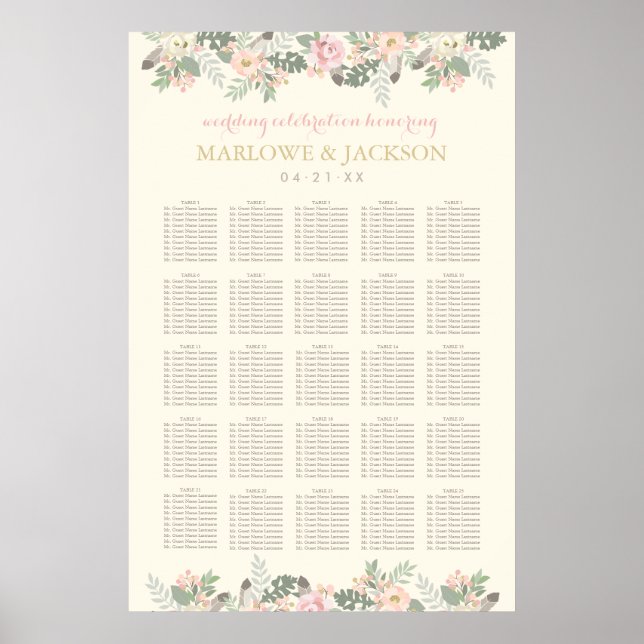 Poster Assento de Casamento Floral Rosa Marfim e Dourado  (Frente)