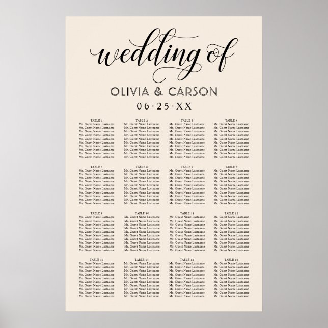 Póster Assento de Casamento Moderno em Creme e Preto (Frente)
