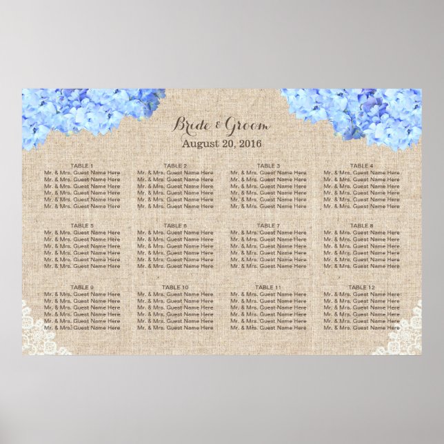 Póster Assento De Casamento Rustic Blue Hydrangea Lace Bu (Frente)
