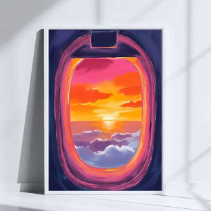 Poster Assento de janela pôr do sol avião viagem pintura