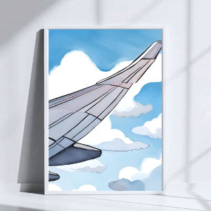 Poster Assento na Janela   Asa de Avião Céu Aquarela Viag