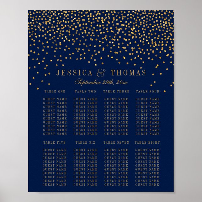 Poster Assentos de Casamento Azul Marinho & Confetes Dour (Frente)