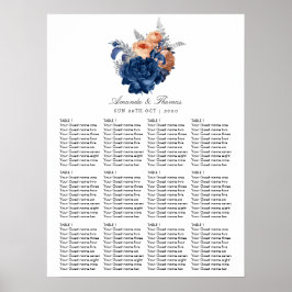 Poster Assentos de casamento florais coral, azul-marinho 