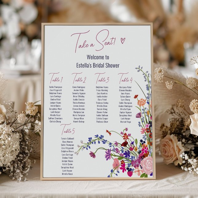 Poster Assentos de chá de panela de guião de flores selva (Modern wild flowers script bridal shower seating poster)