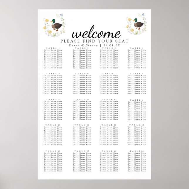 Poster Assentos para Casamento de Pato-real com Flor Silv (Frente)
