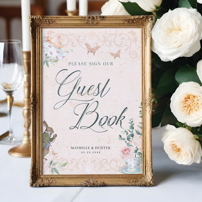 Poster Assinar nosso livro de convidados | Alice No País  (Sign Our Guestbook | Alice In Wonderland Decoupage)